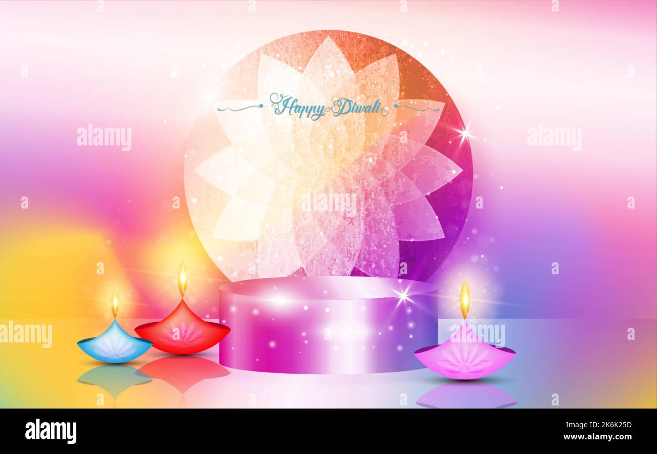 Happy Diwali 3D vettoriale illustrazione della scena del podio con lampade a olio Indian Diwali Diya, colorati simboli grafici indiani su carta rotonda vuota Illustrazione Vettoriale