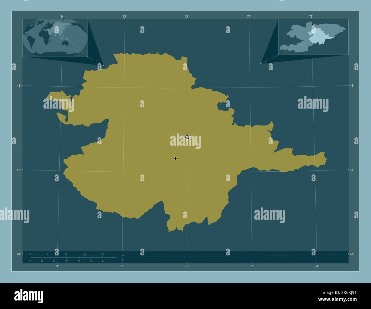 Naryn, provincia del Kirghizistan. Forma a tinta unita. Posizioni delle principali città della regione. Mappe delle posizioni ausiliarie degli angoli Foto Stock