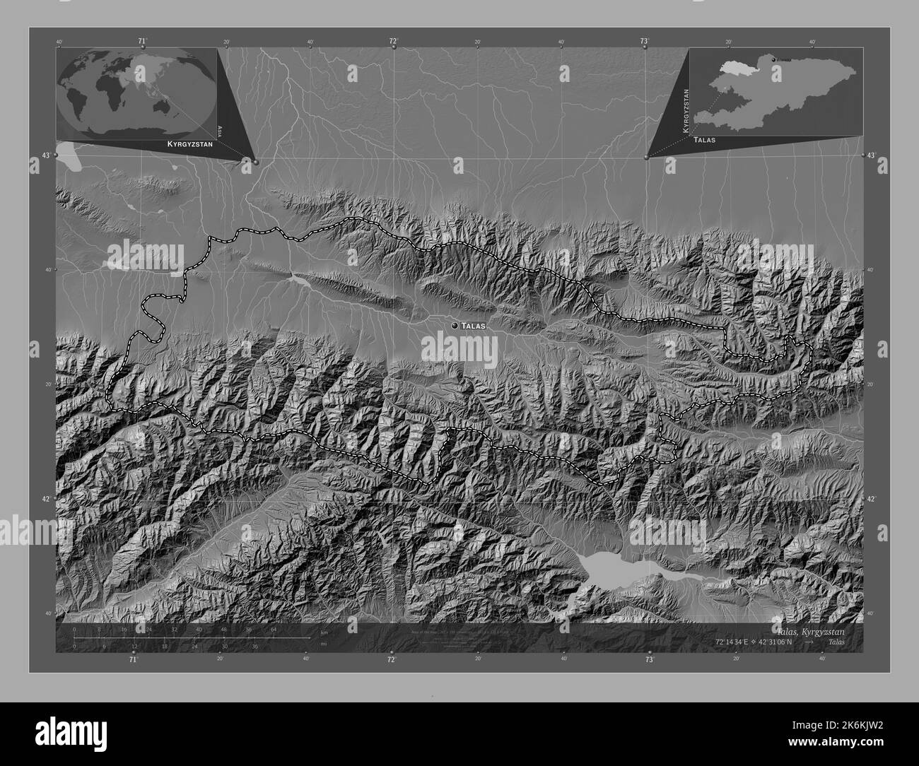 Talas, provincia del Kirghizistan. Mappa altimetrica bilivello con laghi e fiumi. Località e nomi delle principali città della regione. Posizione ausiliaria d'angolo Foto Stock