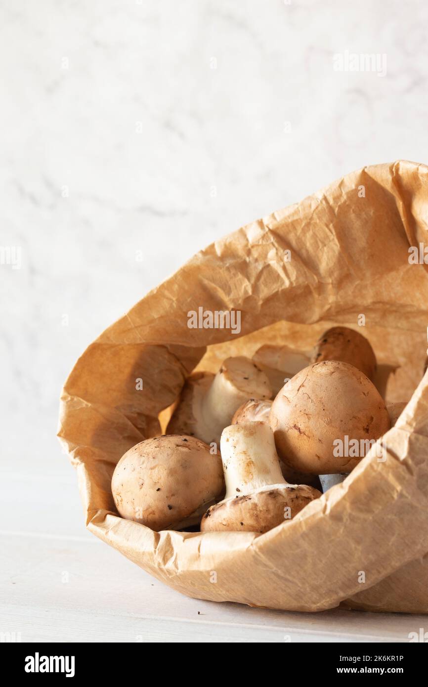 Funghi di castagno in un sacchetto di carta marrone. Imballaggi compostabili per il riciclaggio ecocompatibili. Foto Stock