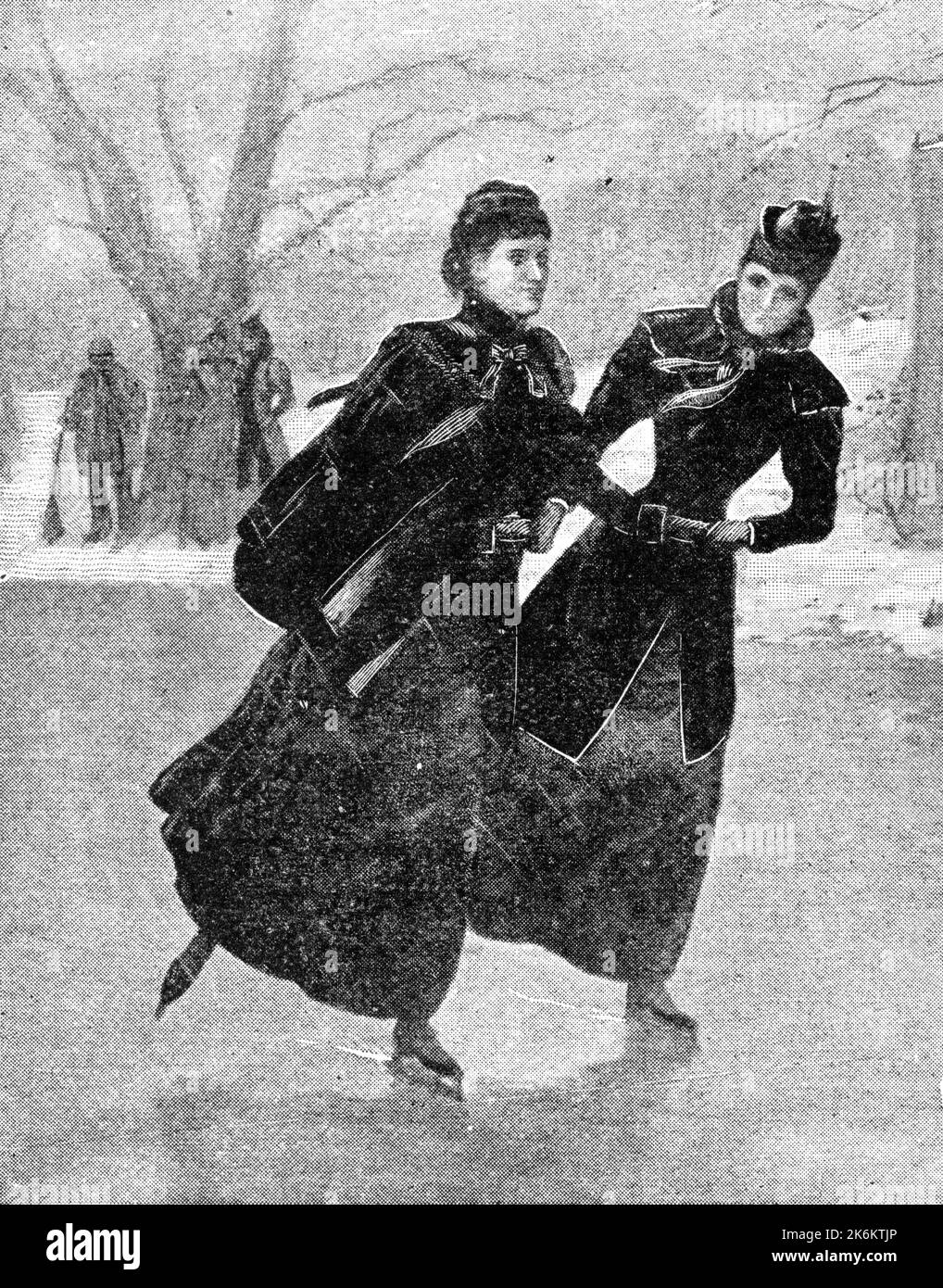 Incisione di due giovani donne che pattinano in inverno, circa 1896 Foto Stock