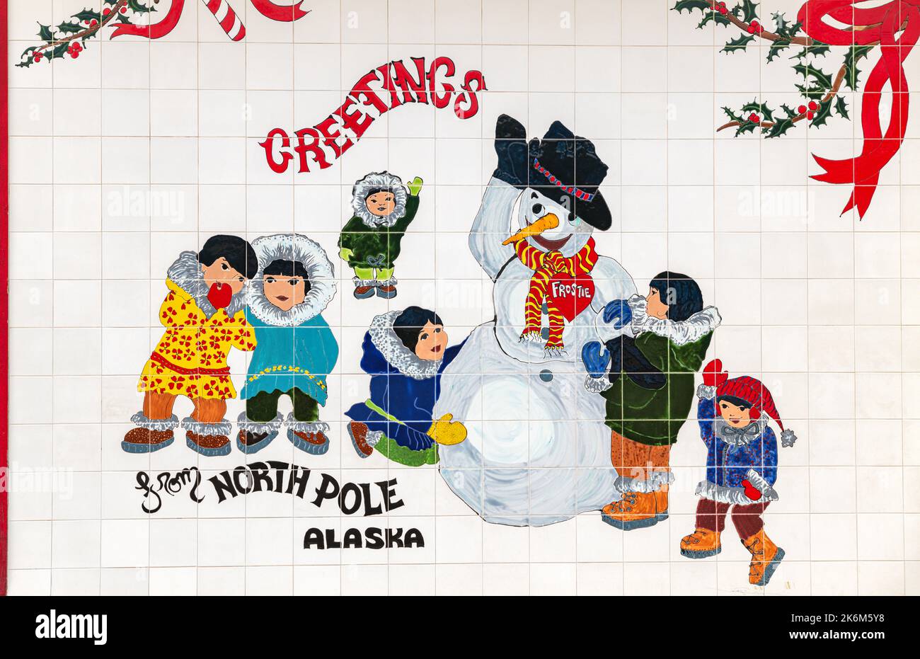 Illustrazioni delle vacanze di Natale sugli edifici del Polo Nord; Alaska; USA Foto Stock