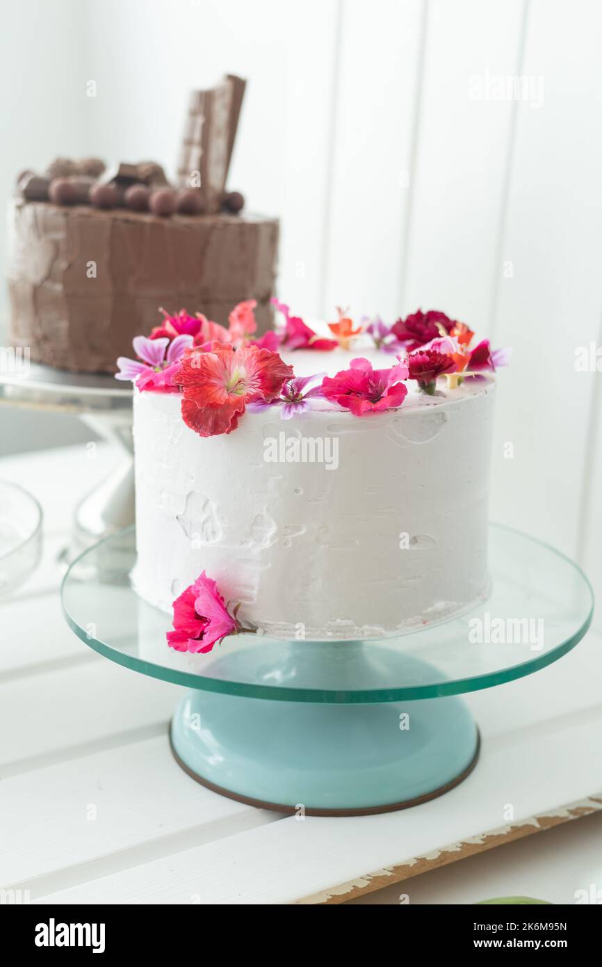 due deliziose torte, una decorata con crema e petali di rosa commestibili, l'altra con cioccolato, dolci per feste in studio Foto Stock