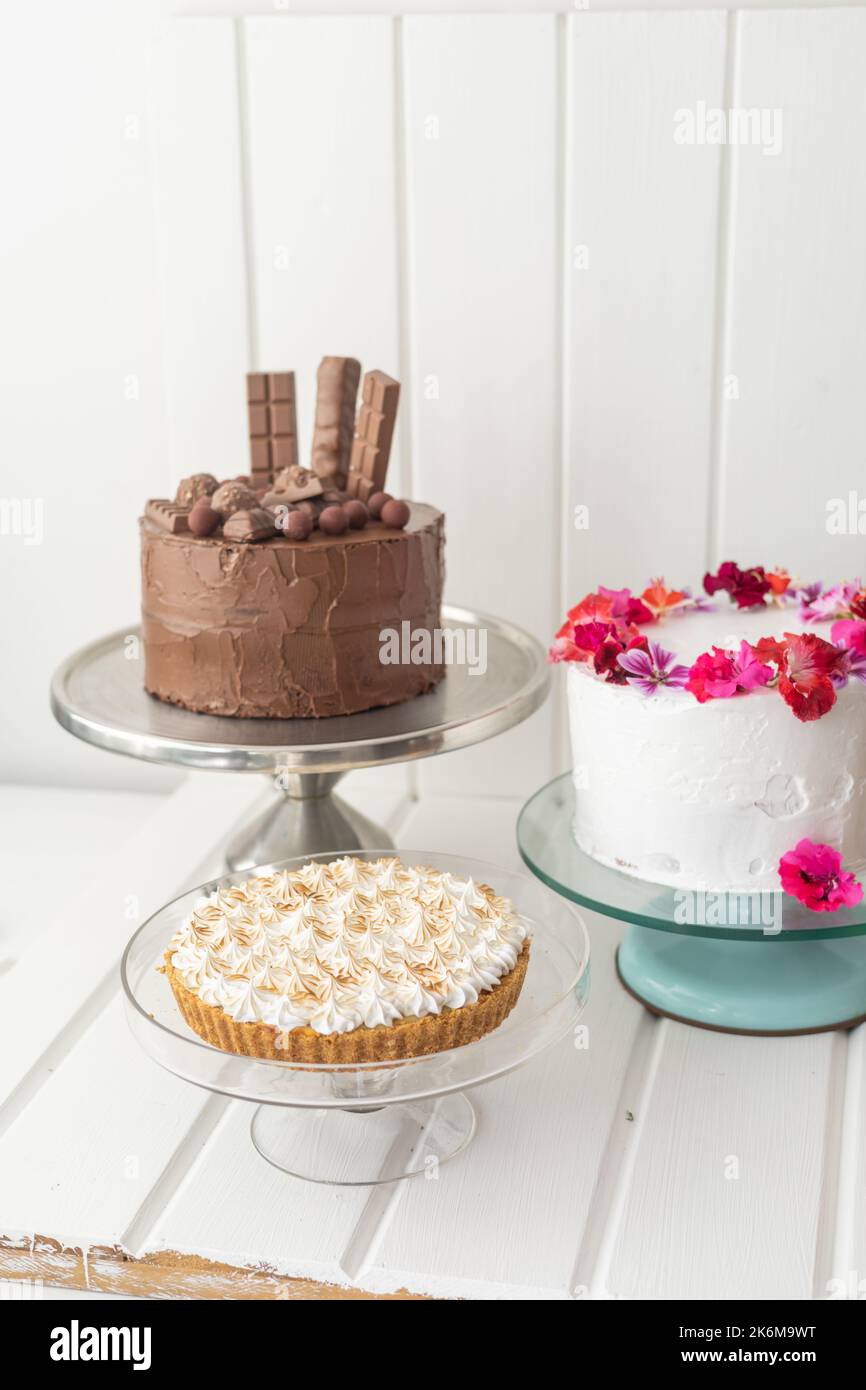 torte decorate e deliziosa torta con crema, dolci per le celebrazioni in studio, pasticceria Foto Stock