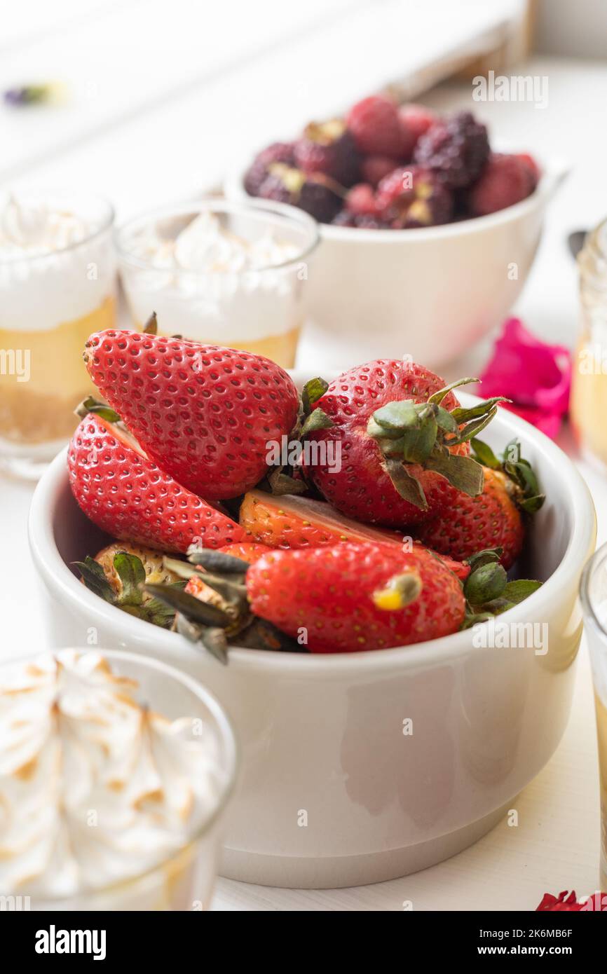 ciotola con bacche rosse fresche, cibo sano e ingrediente, delizioso in studio, dettagli della consistenza Foto Stock