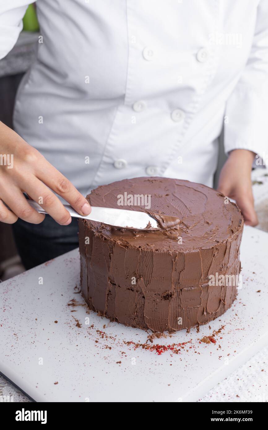 con un coltello decorare una torta al cioccolato con crema di cacao, dessert delizioso, dettagli della consistenza, dessert per festeggiare Foto Stock