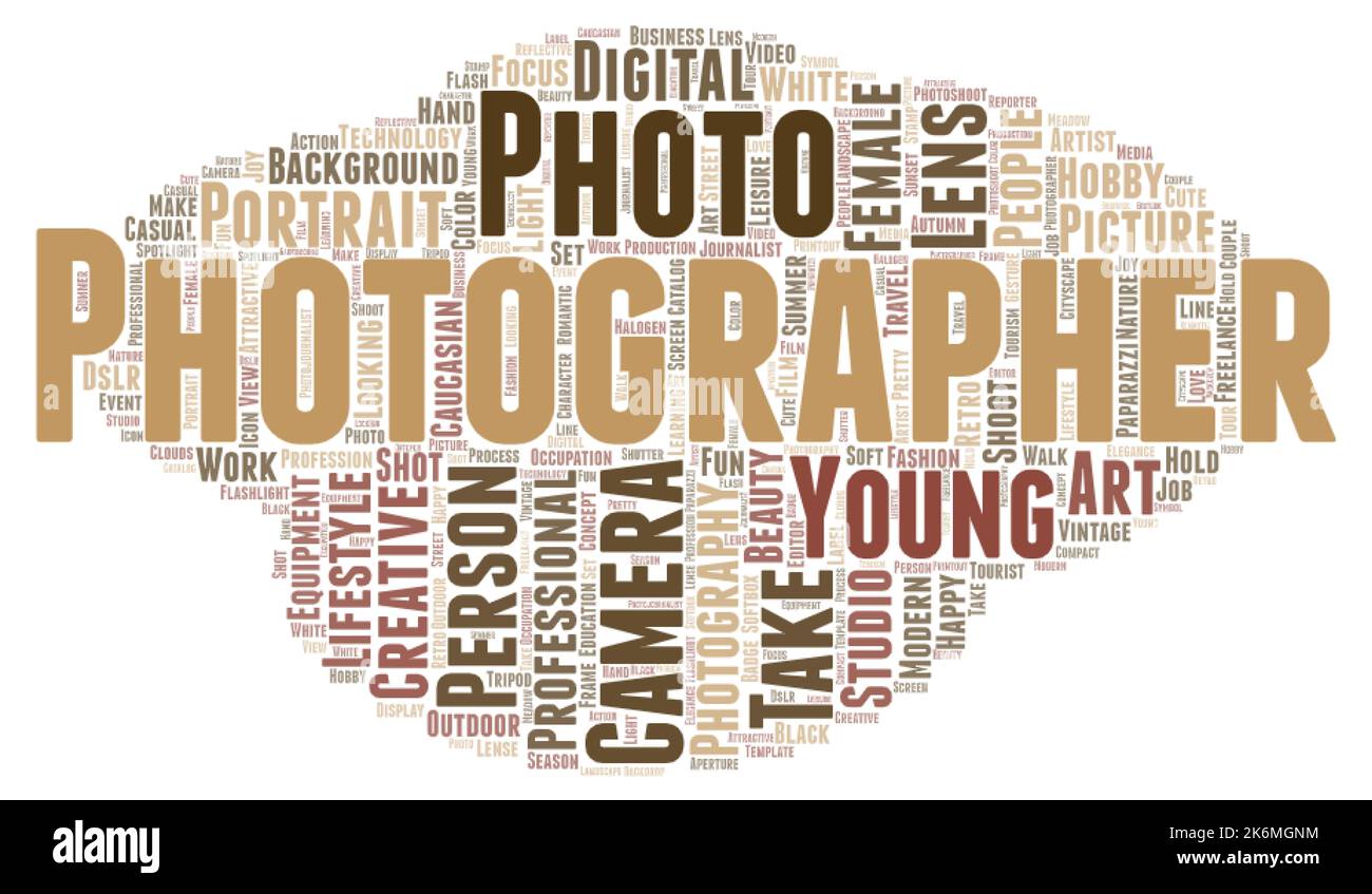 Concetto di nuvola di parole del fotografo su sfondo bianco, rendering 3D Foto Stock
