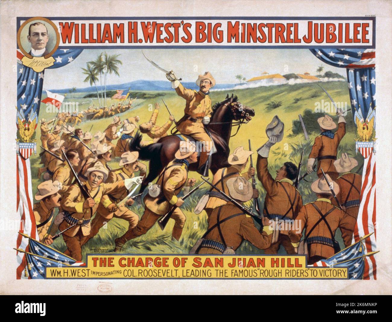 Un poster vintage per il Grande Giubileo del Minstel di William H. West: La carica di San Juan Hill in cui un William West ricrea la carica di Theodore Roosevelt con i 'Rough Riders' durante la guerra americana-spagnola Foto Stock