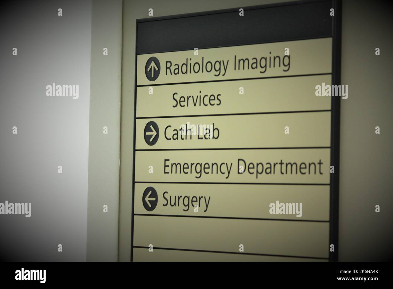 Segnale direzionale in un corridoio ospedaliero, che indirizza i pazienti all'imaging radiologico, al laboratorio di cateterismo e alla chirurgia. Foto Stock