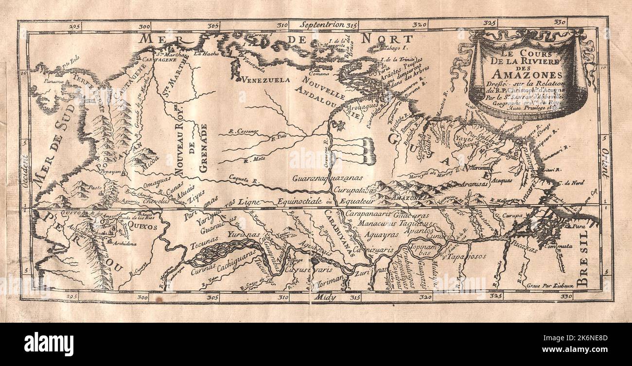 Mappa vintage del Rio delle Amazzoni in Sud America dal cartografo francese Nicolas Sanson circa 1680 sulla base del conto di Christopher d'Acugna. Foto Stock