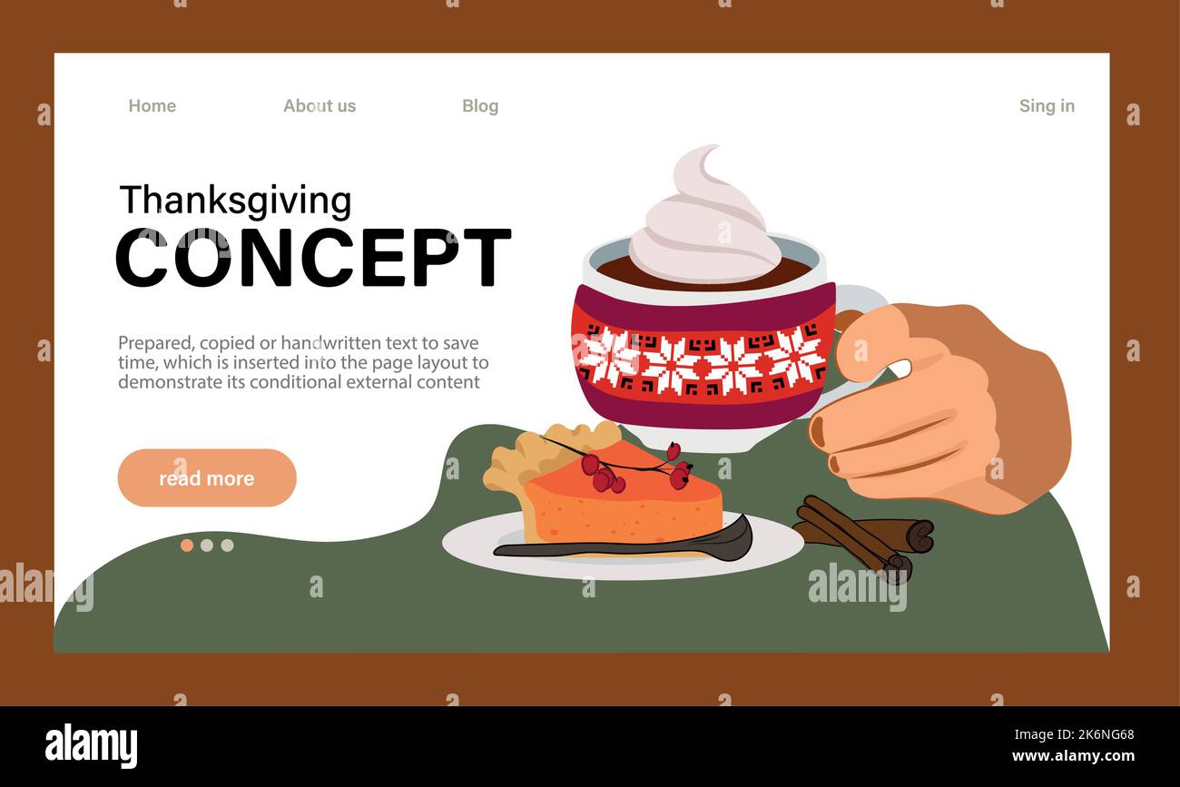 Felice modello di disegno del vettore di festa di Thanksgiving per i Web site, i manifesti, i banner. Buon Ringraziamento con cibo tradizionale, tacchino, torte, zucche e frutta. Modello di sito Web vettoriale Illustrazione Vettoriale