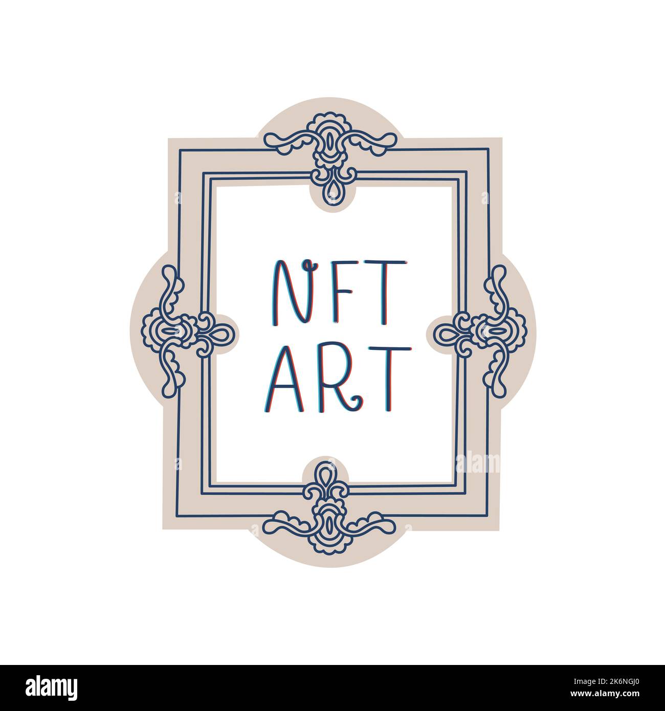 Cornice scolpita. Museo incorniciato di un'opera d'arte con un ornamento. Iscrizione NFT ART. Illustrazione con isolamento vettoriale. Illustrazione Vettoriale