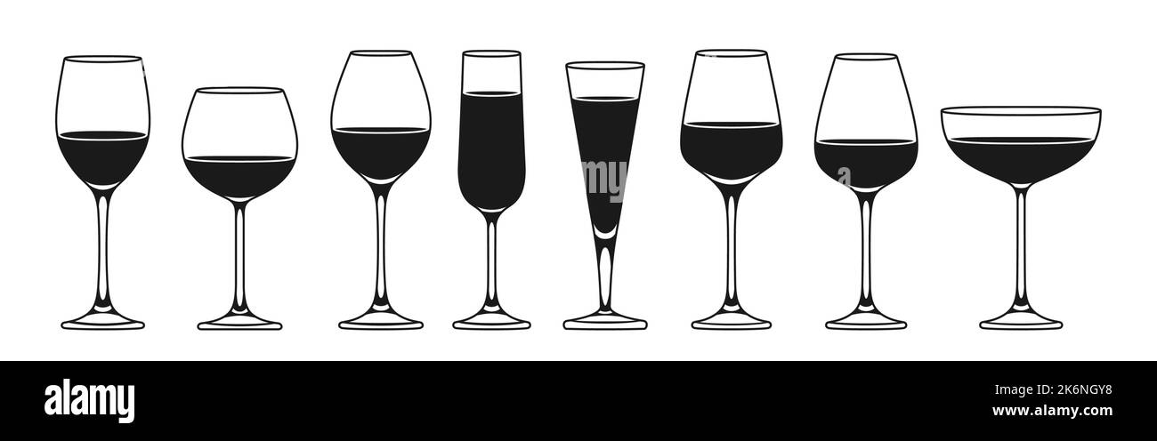 Wineglass diversi tipi segno icona impostato. Bicchiere per vino rosso, spumante, champagne, bevande alcoliche, incisione di varie forme. Design pubblicitario monocromatico per la vinificazione di caffè e ristorante Illustrazione Vettoriale