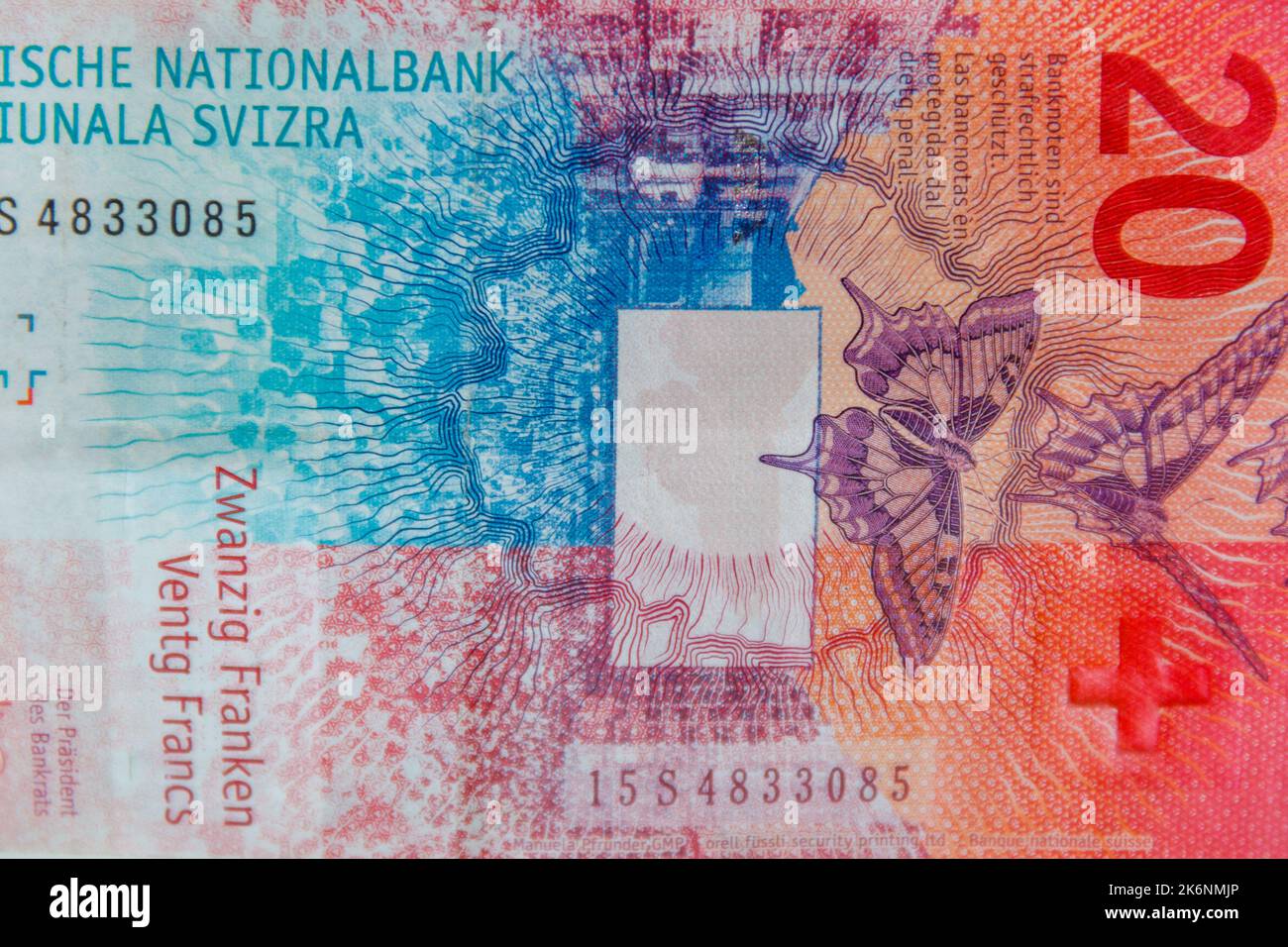 Macro shot della banconota da cinquanta franchi svizzeri Foto Stock