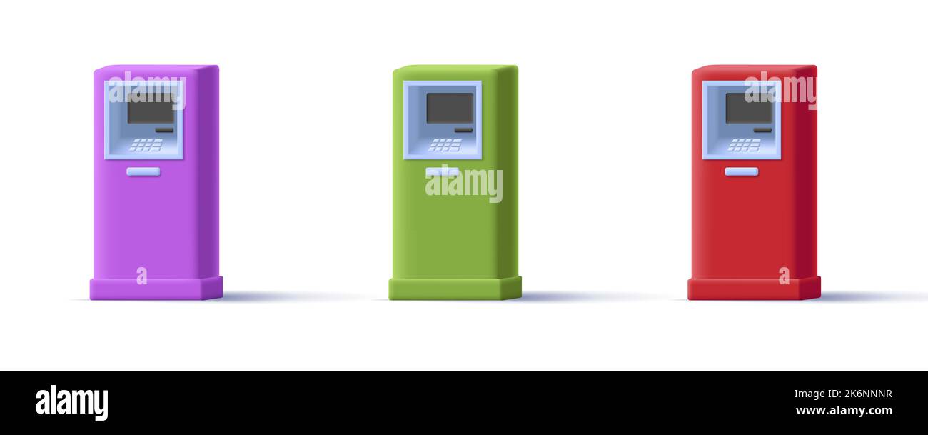 Bancomat a colori in diversi colori, illustrazione 3D, isolato Illustrazione Vettoriale