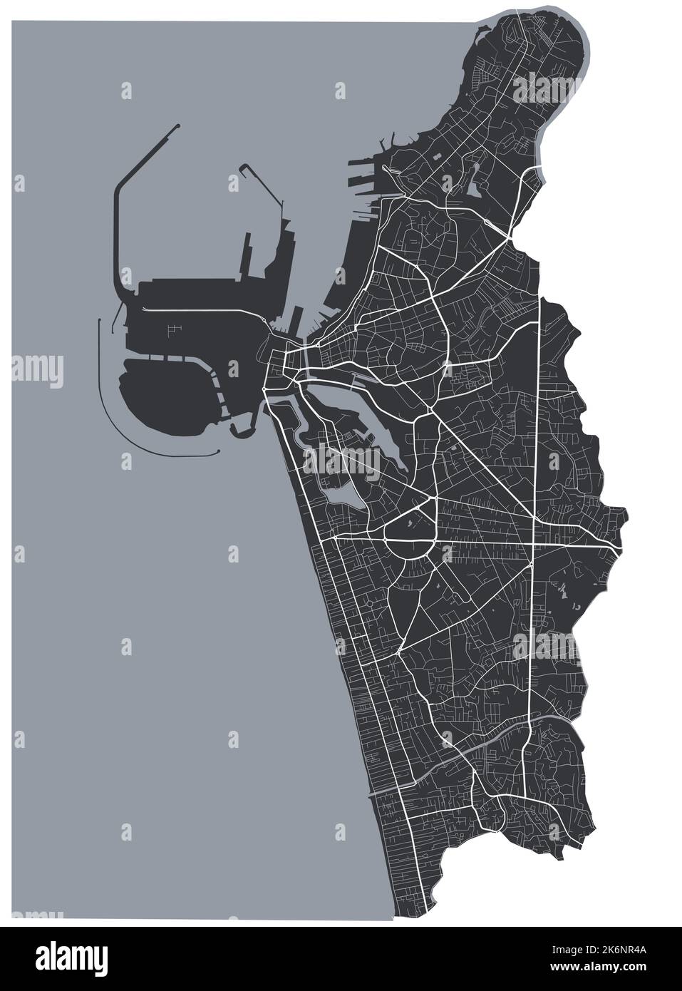 Mappa vettoriale Colombo. Mappa vettoriale dettagliata dell'area amministrativa della città di Colombo. Poster sulla città con vista metropolitana sull'aria. Terra nera con strade bianche e. Illustrazione Vettoriale