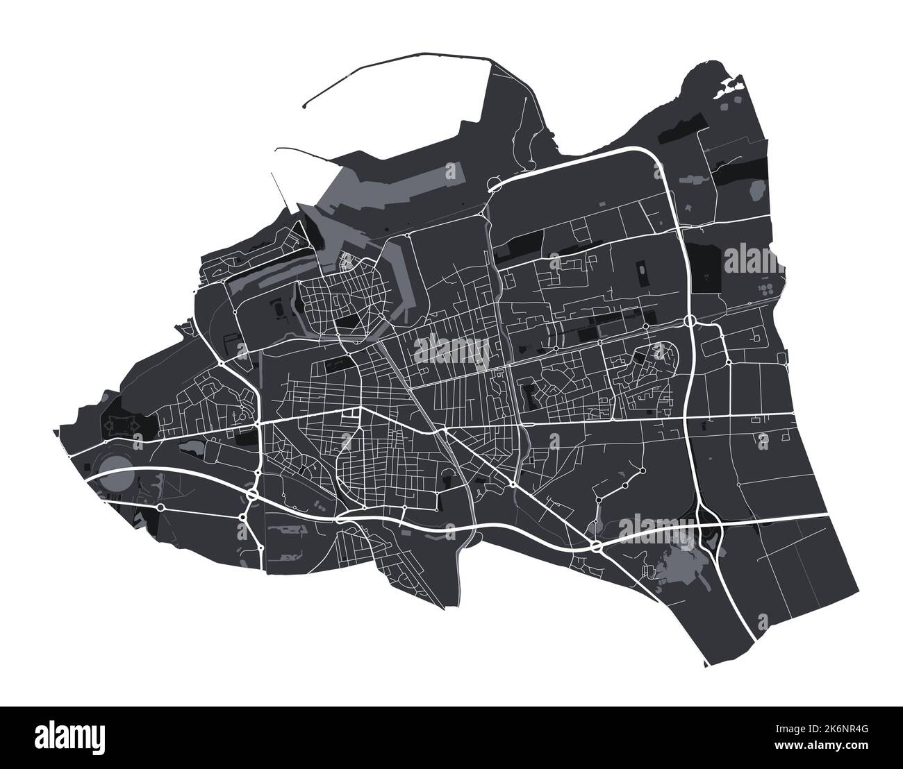 Mappa vettoriale di Calais. Mappa vettoriale dettagliata dell'area amministrativa della città di Calais. Poster sulla città con vista metropolitana sull'aria. Terra nera con strade bianche e AV Illustrazione Vettoriale