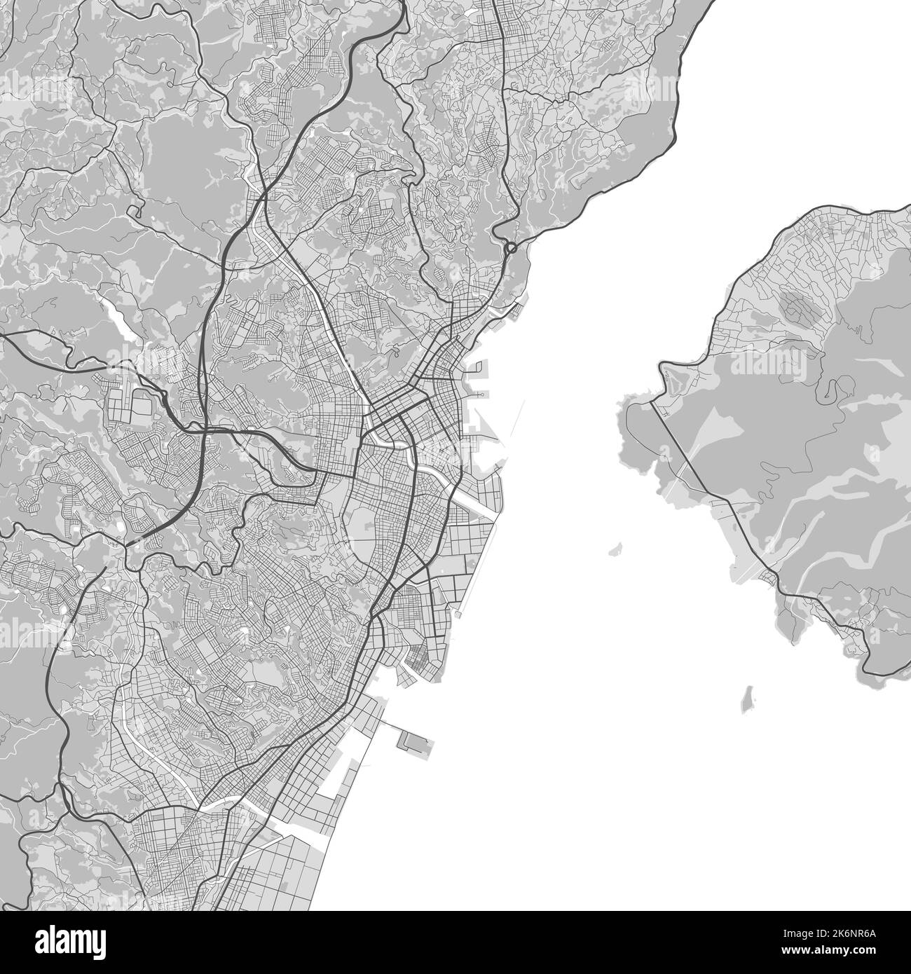 Mappa della città di Kagoshima. Poster in bianco e nero urbano. Immagine della mappa stradale con vista dell'area metropolitana. Illustrazione Vettoriale