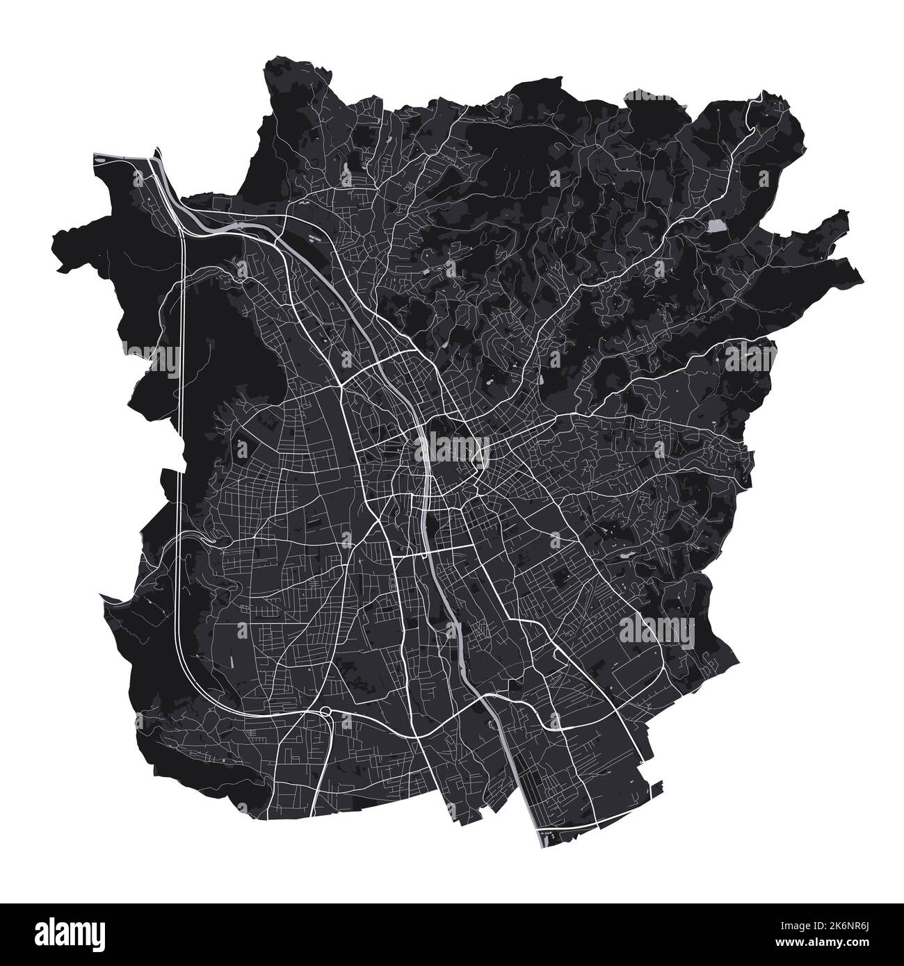 Mappa vettoriale Graz. Mappa vettoriale dettagliata dell'area amministrativa della città di Graz. Poster sulla città con vista metropolitana sull'aria. Terra nera con strade bianche e viale Illustrazione Vettoriale