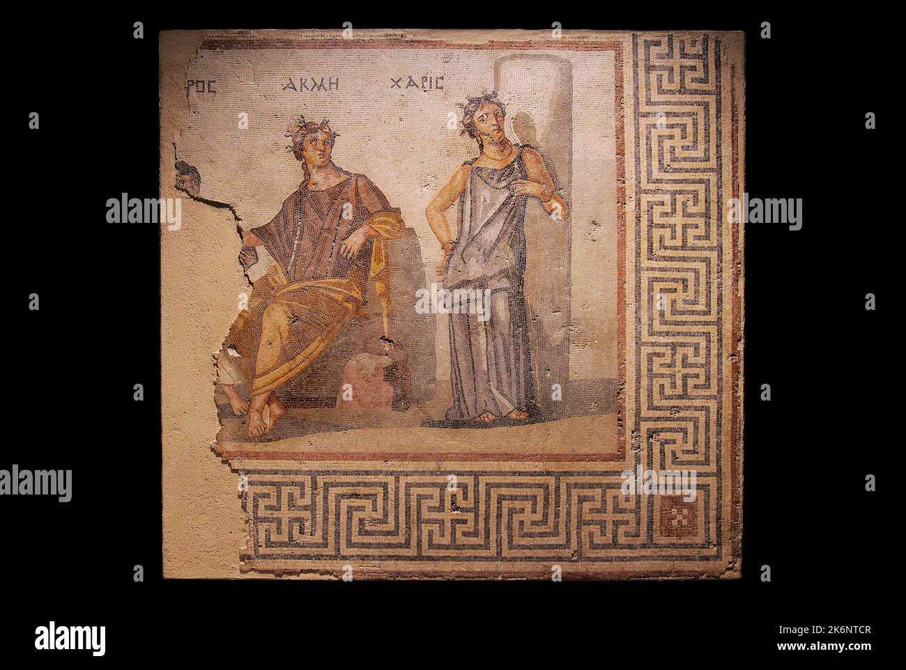''Mosaico sulla vita''. In questo mosaico di una casa romana in Libano Byblos, le tre qualità che la vita deve possedere sono unite: Eros (amore), Akme (qualità) e Charis (bellezza). Pietra, Byblos, 100-300 d.C. Foto Stock