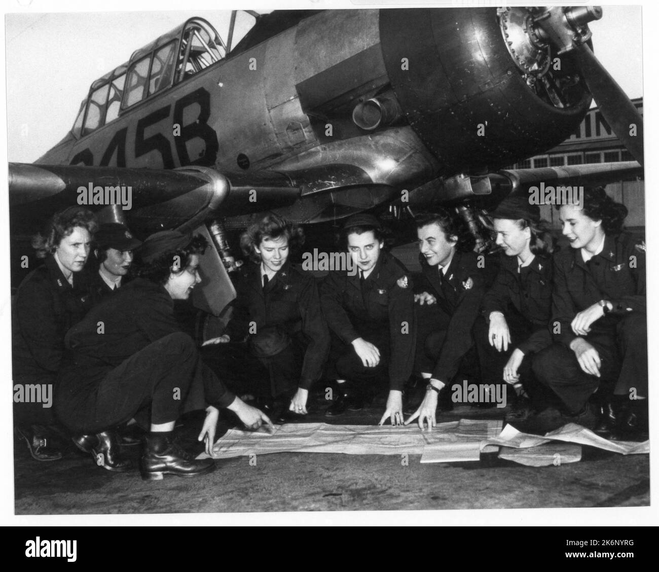Wasps ha stazionato all'Enid AAF, Oklahoma. Wasps ha stazionato all'Enid AAF, Oklahoma. 'Delle dieci VESPE di stanza all'Enid AAF, Enid, Oklahoma, il 29 novembre 1944, otto sono raffigurati sopra. Partendo circolarmente a sinistra sono, Moore, Stewart, Roby, Smith, Carey, Bellew, Quinlan e Miller.'. Foto Stock