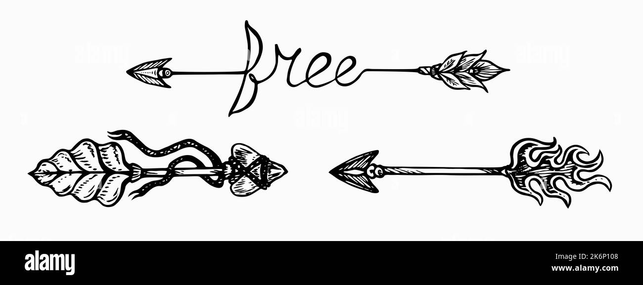 Collezione frecce con, libero, fuoco, stile retrò, disegno semplice del doodle, stile di gravure Foto Stock