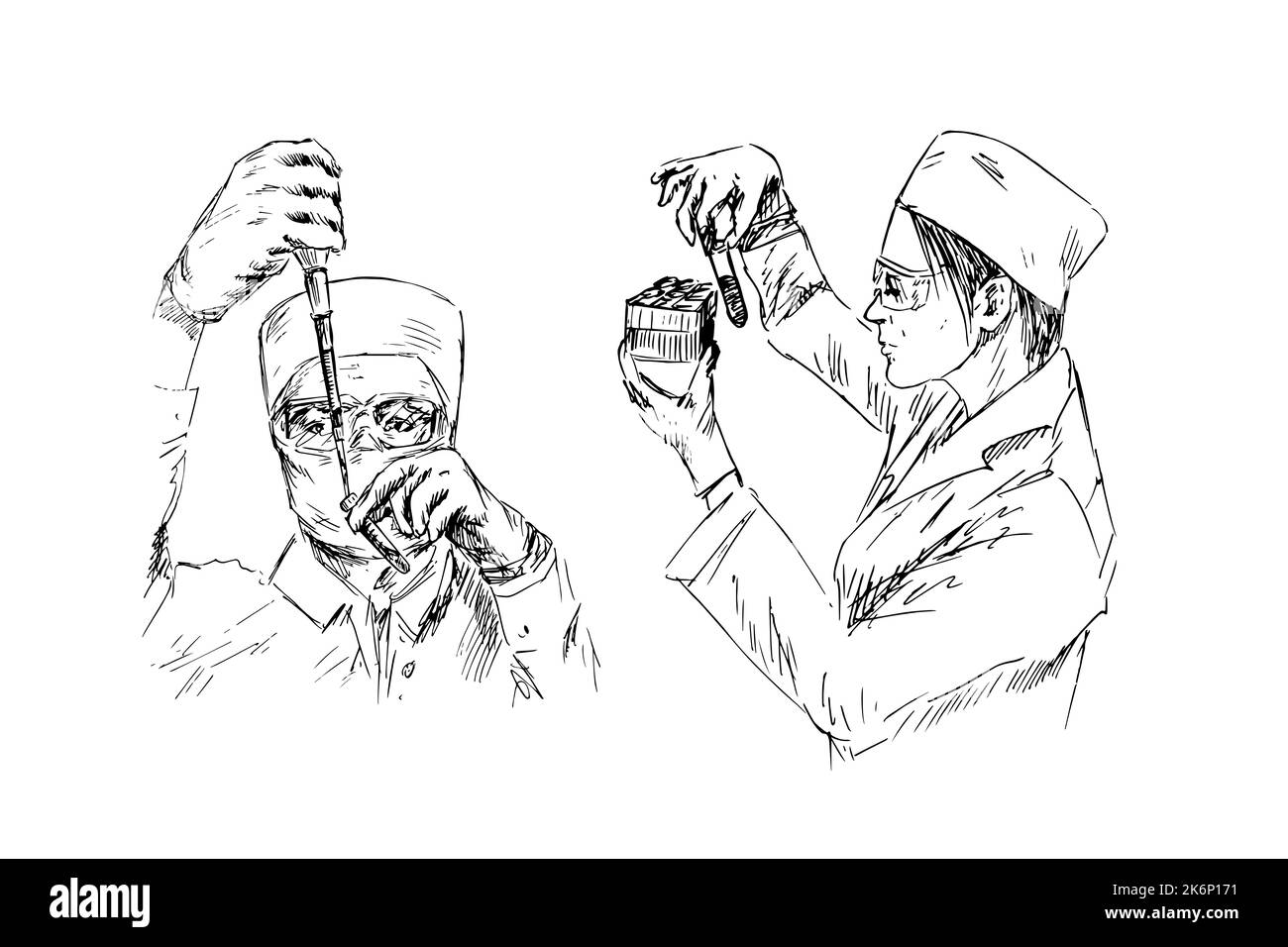 Un insieme di scienziato, doodle disegnato a mano, schizzo in stile pop art, illustrazione vettoriale in bianco e nero Foto Stock