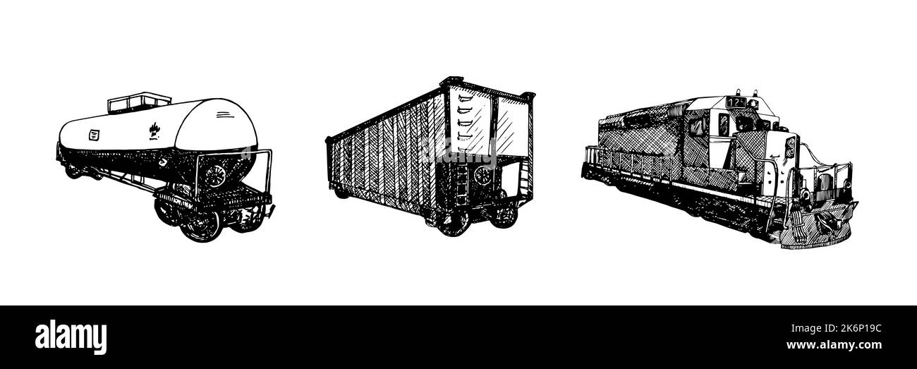 Vettura di merci, carro cisterna, treno diesel, disegno a mano di scarabocchio, illustrazione isolata del contorno Foto Stock