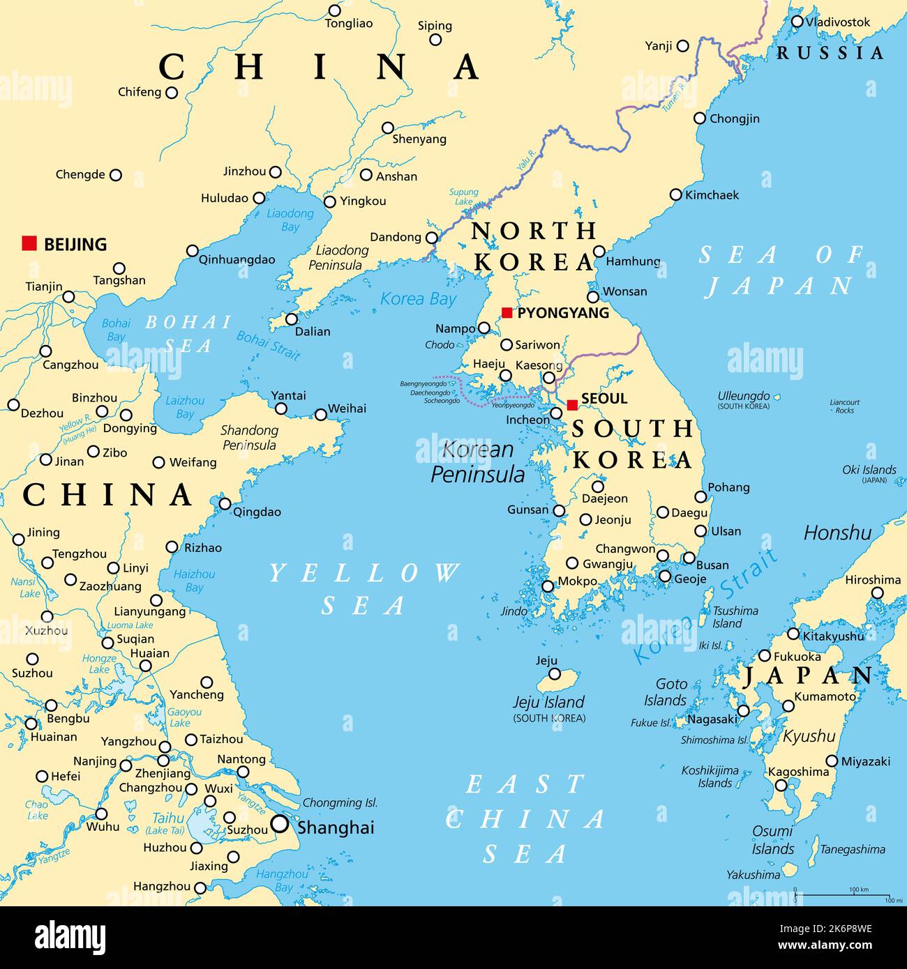 Regione della penisola coreana, mappa politica. Regione peninsulare Corea in Asia orientale, divisa tra i 2 paesi Corea del Nord e Corea del Sud. Foto Stock