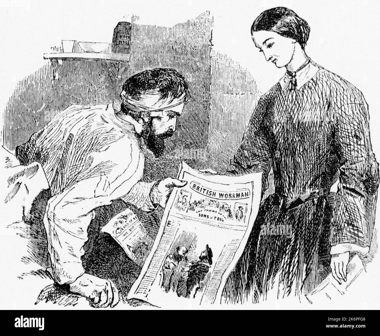 Florence Nightingale (1820-1910), distribuendo giornali ai soldati feriti, Guerra di Crimea, 19th ° secolo. Famosa per il suo lavoro durante la guerra di Crimea, dove ha ottenuto il titolo di "la Signora con la lampada", Nightingale è anche venerata per aver gettato le basi di professione infermieristica con la creazione della sua scuola di infermieristica presso il St Thomas's Hospital di Londra. Foto Stock