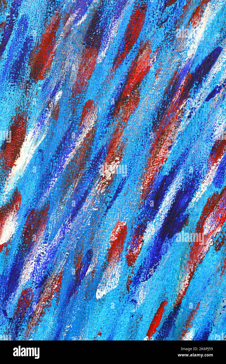 Sfondo creativo di pennelli colorati su tela da vicino. Sfondo artistico astratto da pennelli macchiati di macro di colori blu, rosso, bianco. Disegno, pittura dipinge lo sfondo della superficie di trama Foto Stock