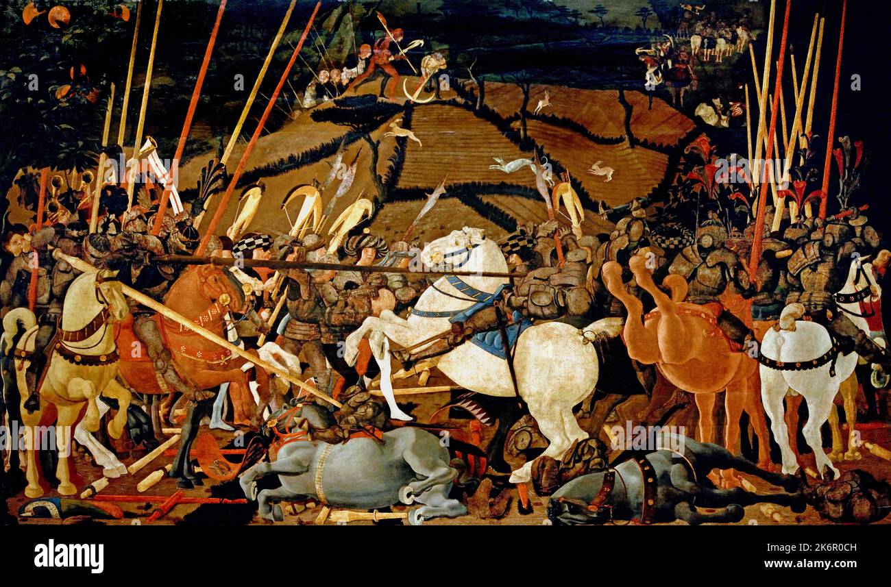 Battaglia di San Romano, Paolo uccello, (Pratovecchio, Arezzo 1397-1475) , Firenze, Italia. Battaglia di San Romano, fu combattuta il 1st 1432 giugno, a circa 30 miglia fuori Firenze, tra le truppe di Firenze, comandate da Niccolò da Tolentino, e Siena, sotto Francesco Piccinino. Il risultato è generalmente considerato favorevole, ai fiorentini, ma nelle cronache senesi è stato considerato una vittoria. Foto Stock