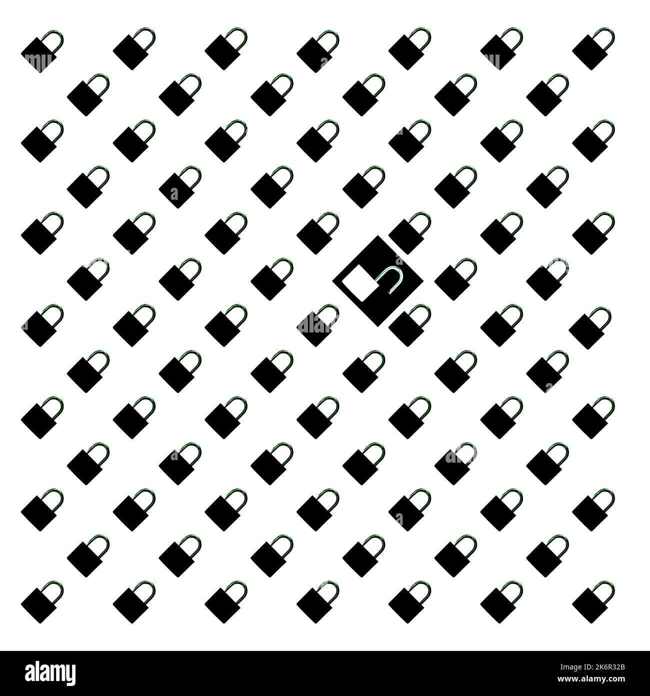 blocchi neri bloccati e sbloccati su sfondo bianco Foto Stock