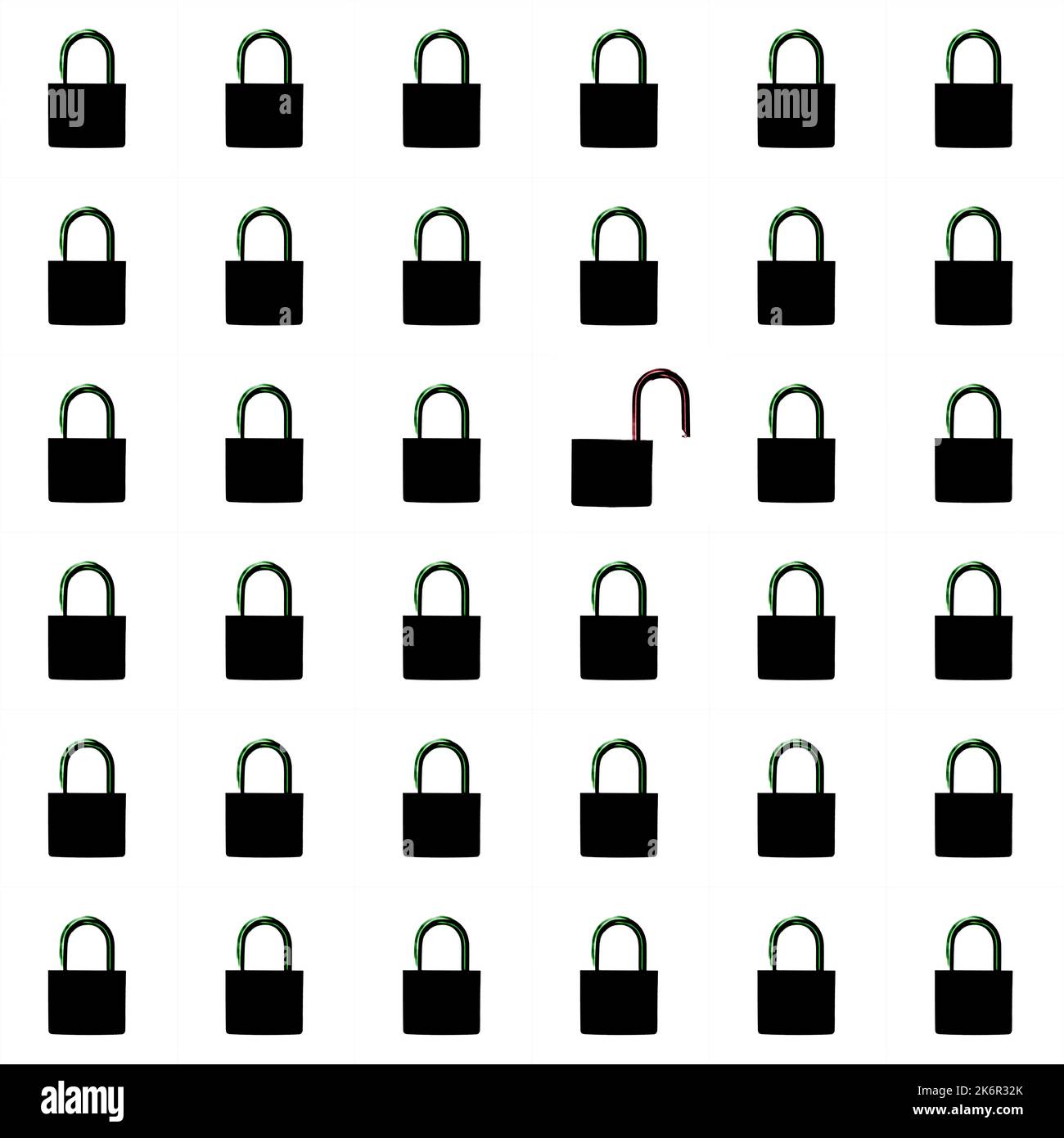 blocchi neri bloccati e sbloccati su sfondo bianco Foto Stock