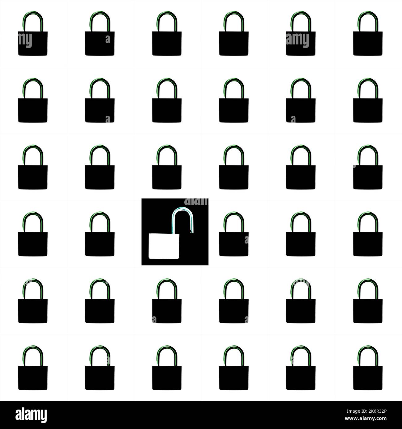 blocchi neri bloccati e sbloccati su sfondo bianco Foto Stock