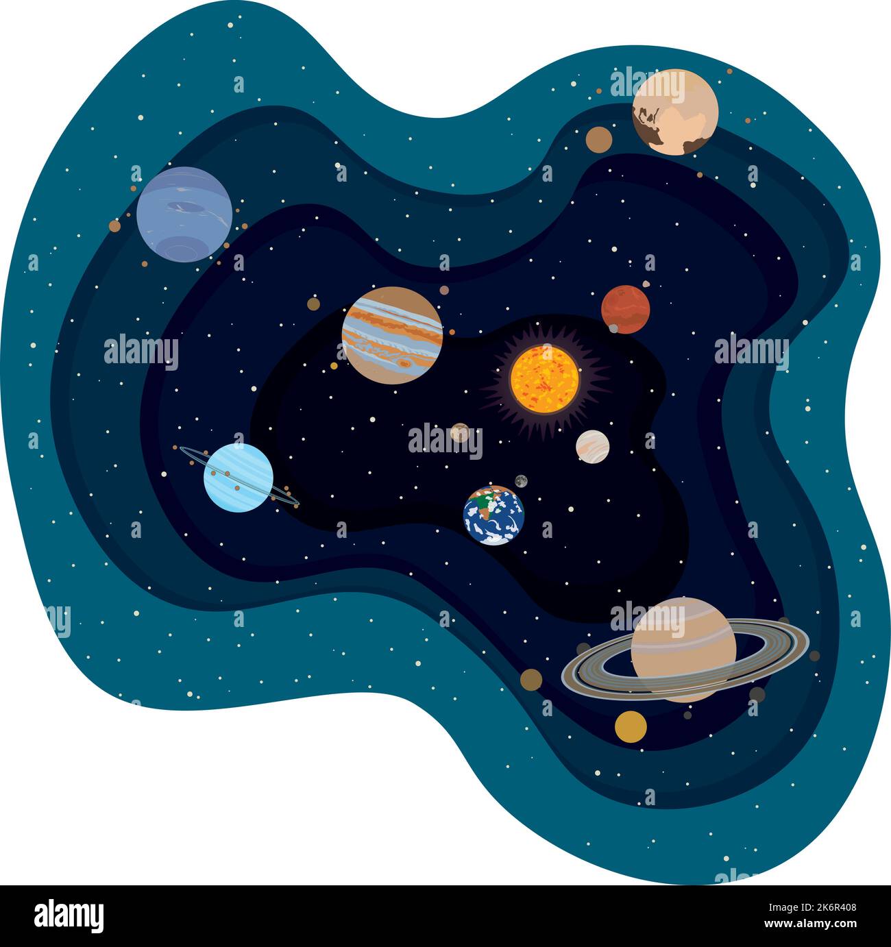Sistema solare con Sole, pianeti e satelliti effetto profondo papercut Layer vettoriale illustrazione Illustrazione Vettoriale