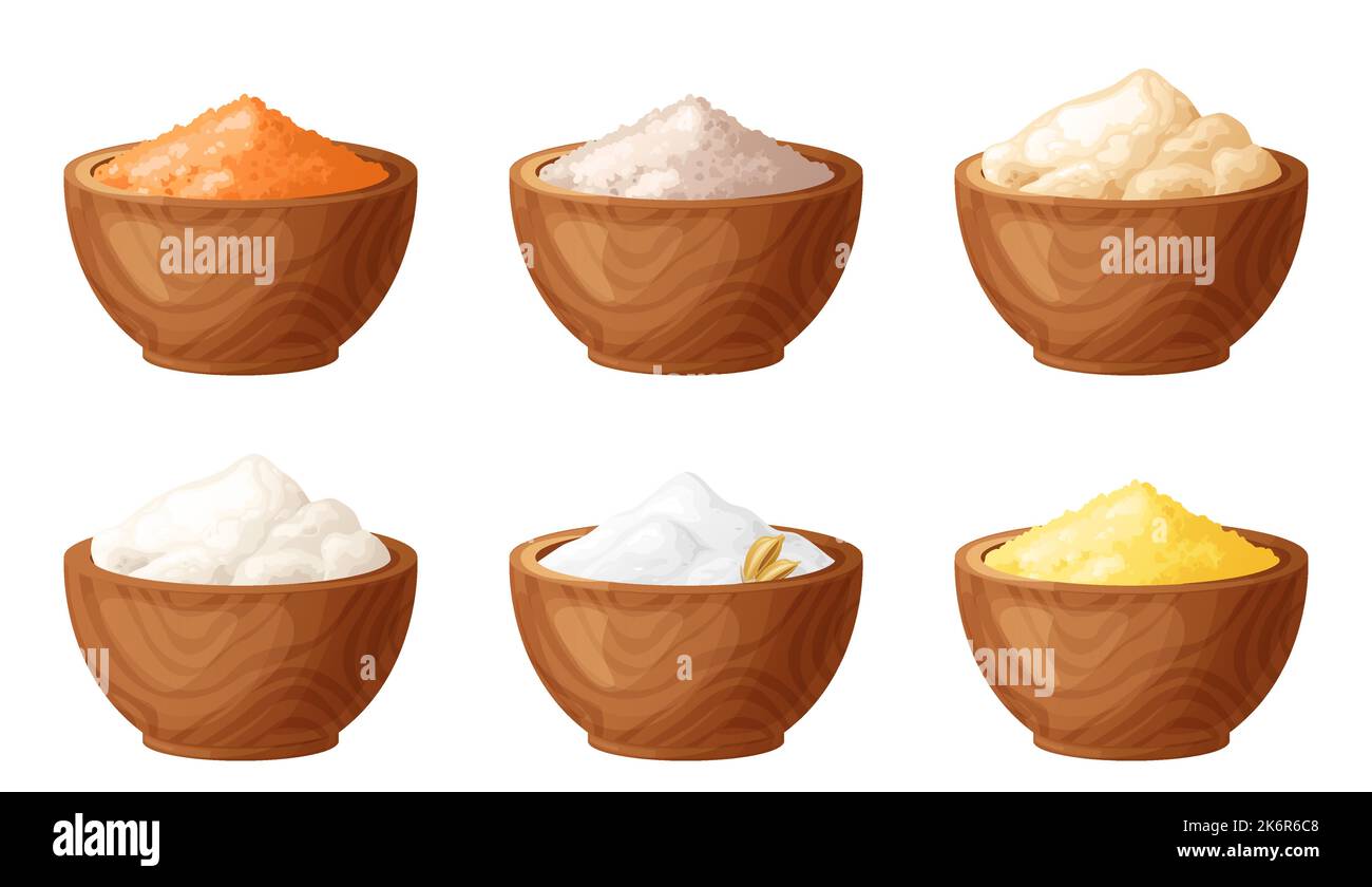 Farina in ciotola di legno. Set di polvere senza glutine in prodotti organici. Cibo biologico sano. Illustrazione vettoriale isolata su sfondo bianco Illustrazione Vettoriale