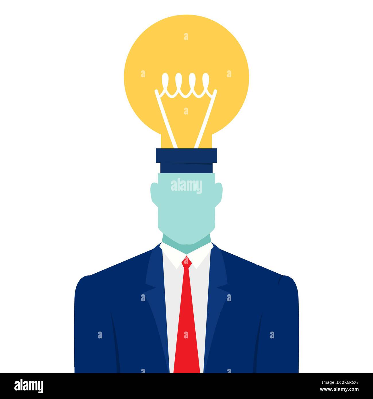 Icona uomo d'affari con lampadina su sfondo bianco. Brainstorming, idea creativa, illustrazione con set di icone. Foto Stock