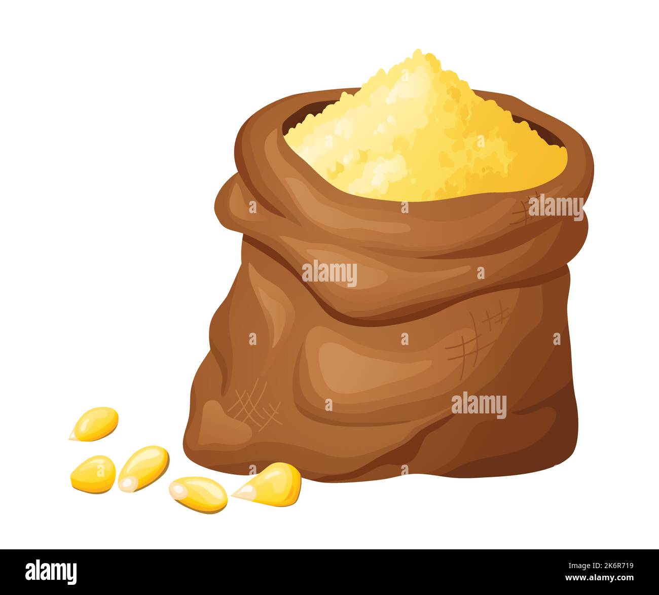 Farina di mais in ciotola di legno con semi. Alimenti senza glutine sani. Powde in prodotto organico. Illustrazione vettoriale isolata su sfondo bianco Illustrazione Vettoriale