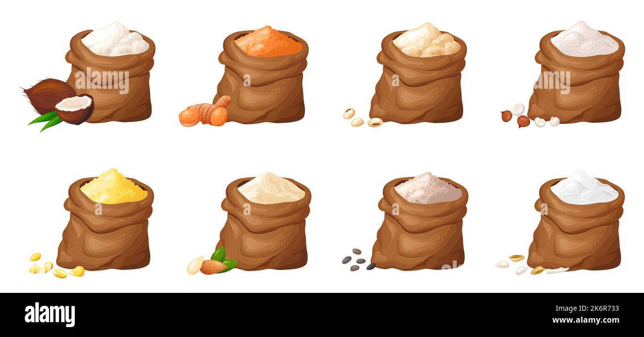 Farina in ciotola di legno. Set di polvere senza glutine in prodotti organici. Cibo biologico sano. Illustrazione vettoriale isolata su sfondo bianco Illustrazione Vettoriale