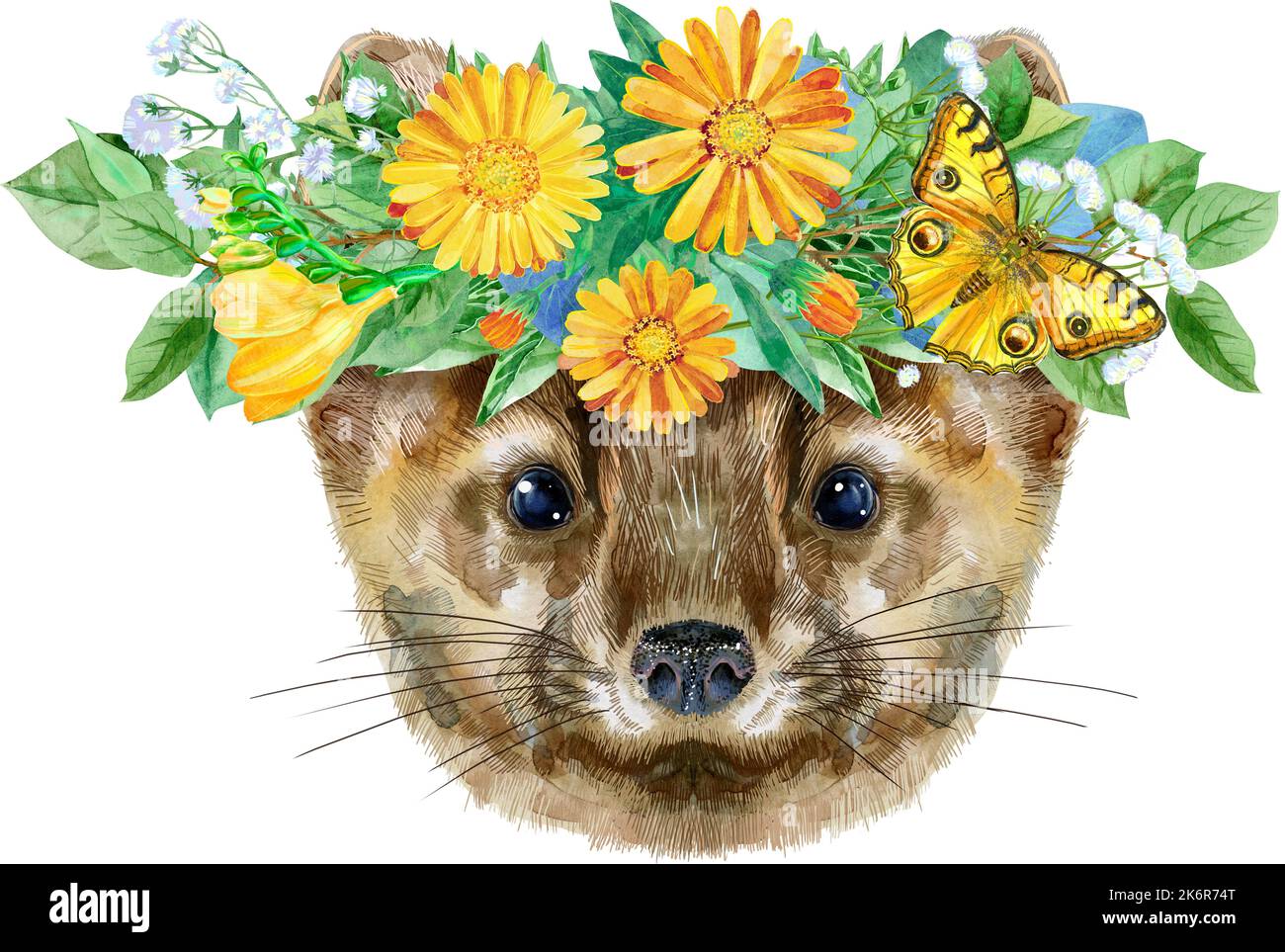 Piccolo, divertente, marrone in corona di fiori, immagine isolata, acquerello illustrazione Foto Stock