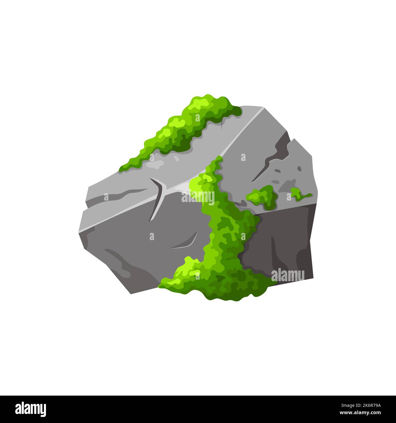 Pietra grigia con muschio verde . Elemento di foresta, natura montano roccia. Insegna di Boulder per il design. Illustrazione vettoriale isolata su sfondo bianco Illustrazione Vettoriale