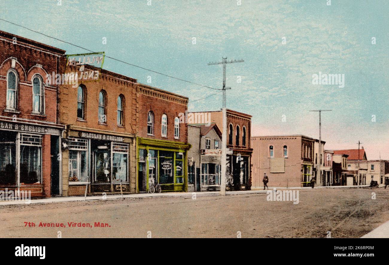 7th Avenue, Virden Manitoba Canada, cartolina dei primi del 1900. fotografo non identificato Foto Stock