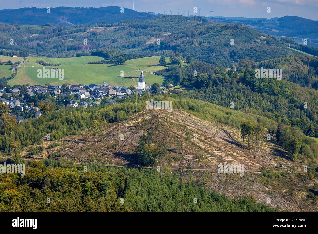 Veduta aerea, danni alla foresta NSG Eiserkaulen, sullo sfondo chiesa di San Johannes Evangelist, area forestale Arnsberger Wald, Eversberg, Meschede, Sauerl Foto Stock