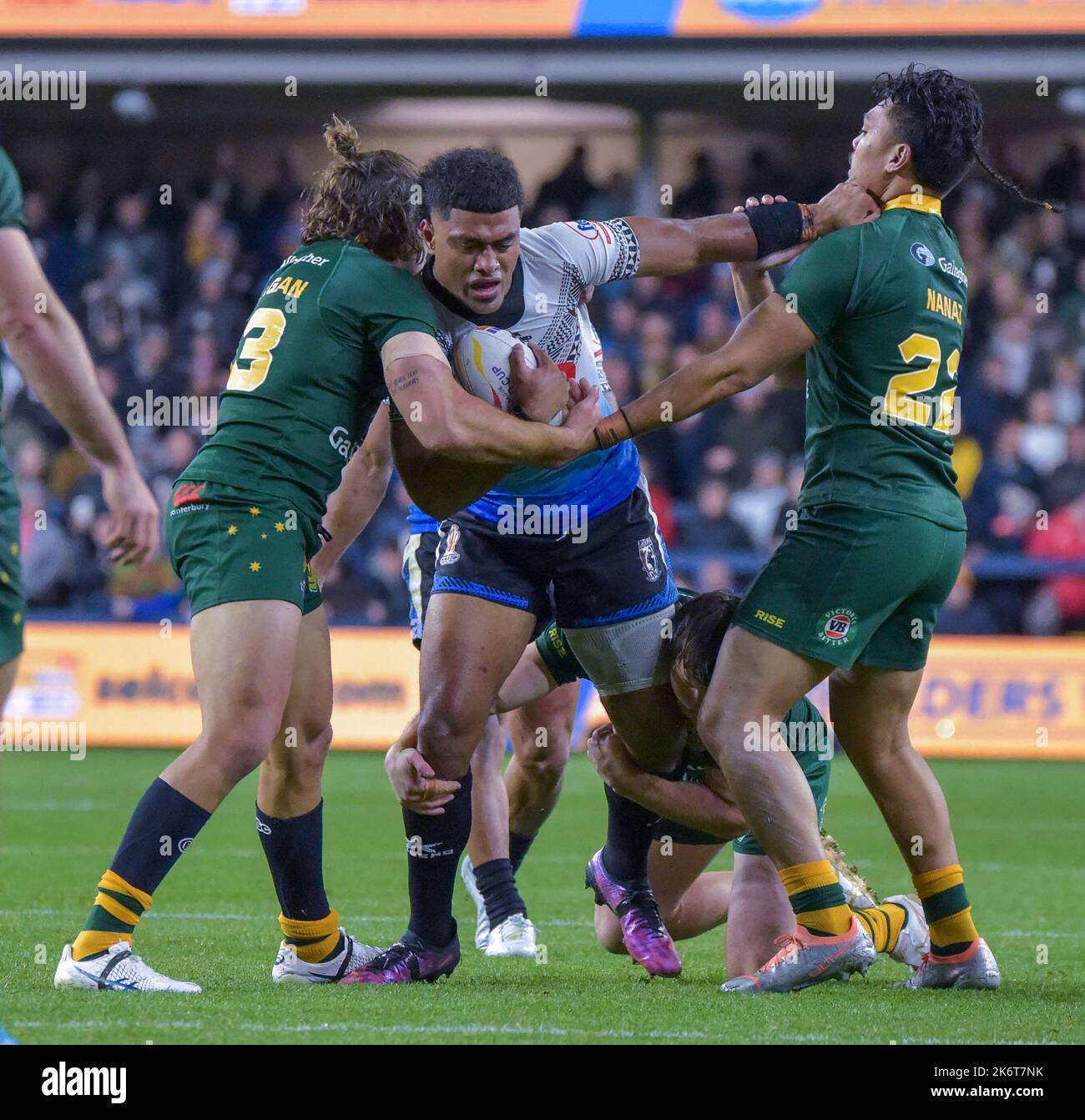 Australia contro Fiji: Campionato del mondo di rugby Headingley, Leeds, West Yorkshire durante la partita di Rugby League 2021 di gruppo B tra Australia e Fiji all'Headingley Stadium, Leeds il 15 ottobre 2022 . (Foto di Craig Cresswell/Alamy Live News) Foto Stock