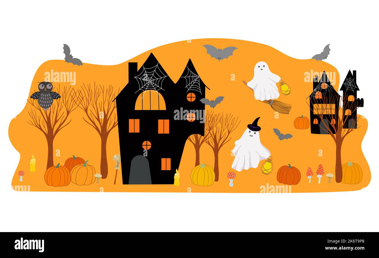 Halloween vacanza decorata scena con ragnatela, pipistrello, casa infestata, candela, fantasma, scopa, zucca, cappello, fungo per poster, arredamento per la casa o per le feste, celebrazione delle vacanze autunnali, storia horror concetto Illustrazione Vettoriale