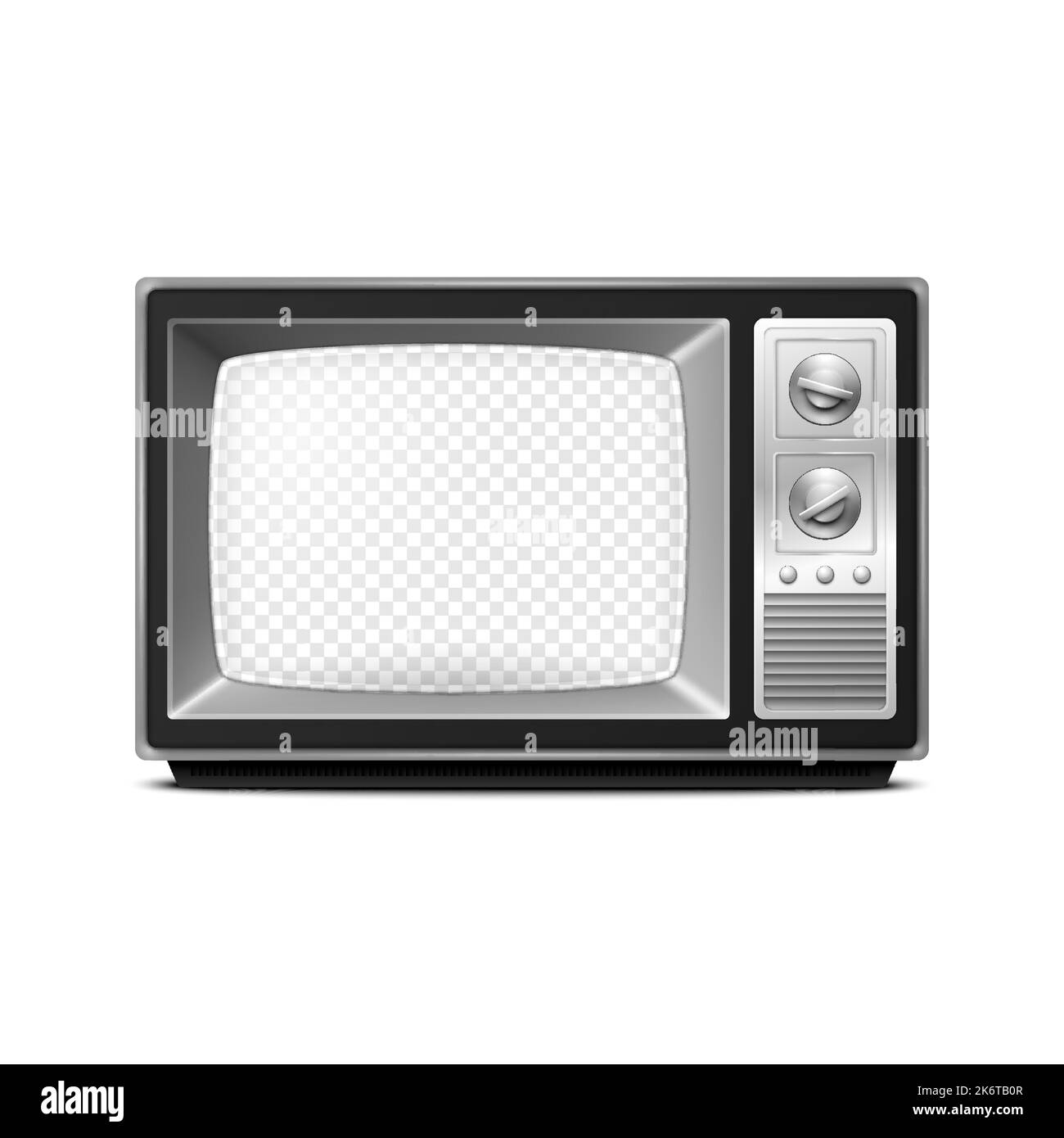 Ricevitore TV retro realistico Vector 3D con schermo trasparente isolato su sfondo bianco. Concetto di disegno interno domestico. Set TV vintage, televisione Illustrazione Vettoriale