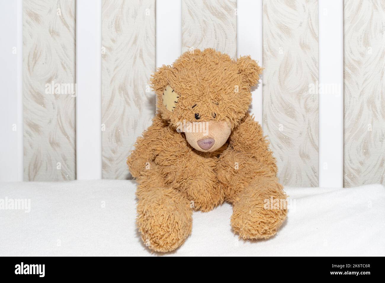 Orsacchiotto in una culla bianca, primo piano. Giocattoli per bambini, aspettativa e nascita di un bambino. Foto Stock