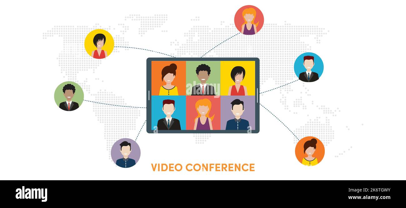 Persone in riunione per videoconferenza che lavorano da casa. Discussioni di lavoro, chat sul Web, incontri online con gli amici in videochiamata. Il gruppo di persone parla Illustrazione Vettoriale