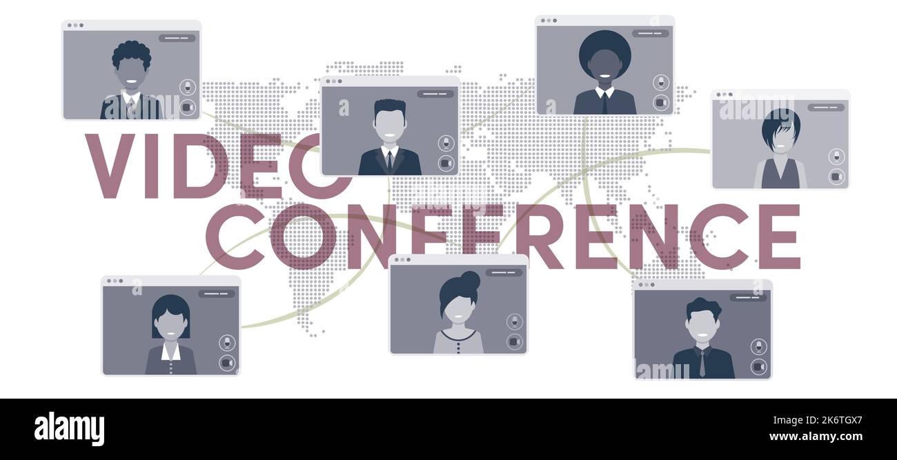 Persone in riunione per videoconferenza che lavorano da casa. Discussioni di lavoro, chat sul Web, incontri online con gli amici in videochiamata. Il gruppo di persone parla Illustrazione Vettoriale